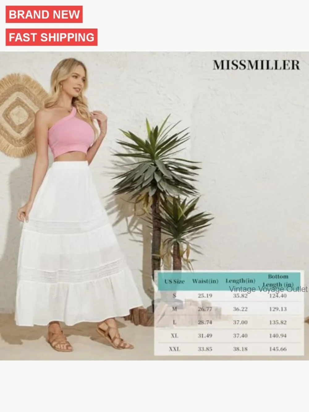 Boho Maxi Skirt with Pockets, Elastic Waist, Lace Tiered A-Line - Picture 6 of 7